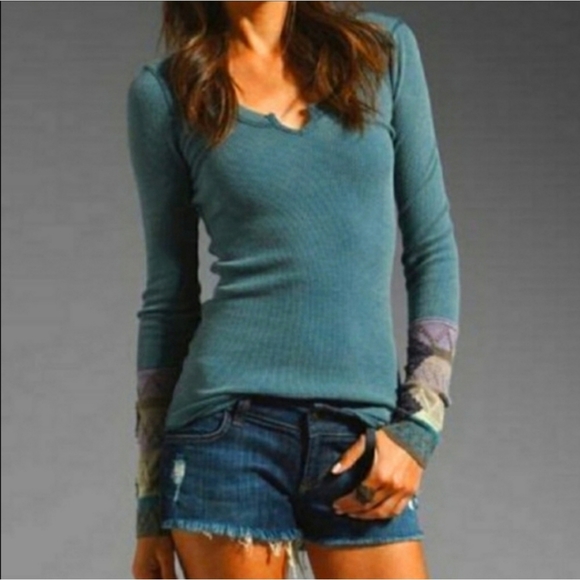Free People Tops - Free People Teal Ribbed Long Sleeve Tee with Patchwork Cuffs
